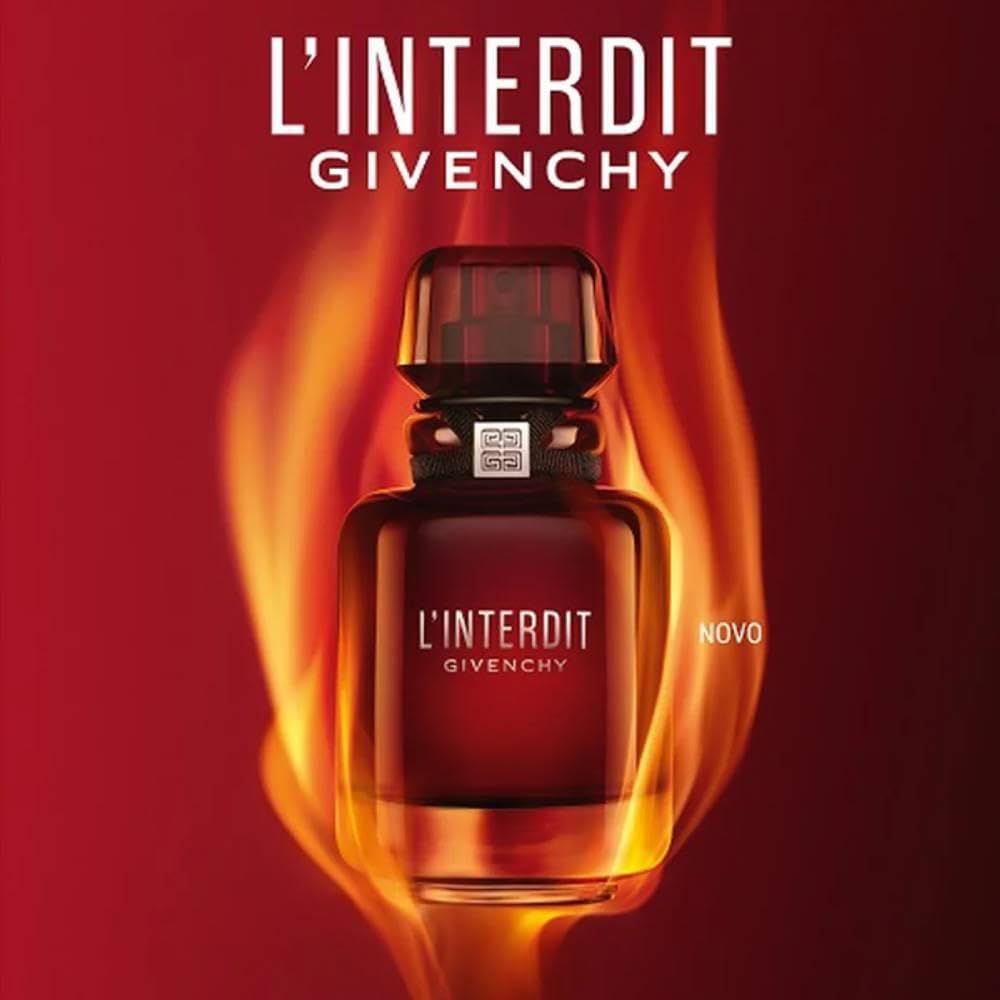Flacone rosso con fiamme. Scritta: L'Interdit Givenchy e Novo.