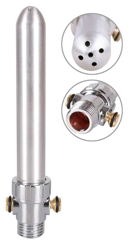 Doccia intima in alluminio. Corpo cilindrico con più ugelli. Attacco cromato con elementi in ottone.