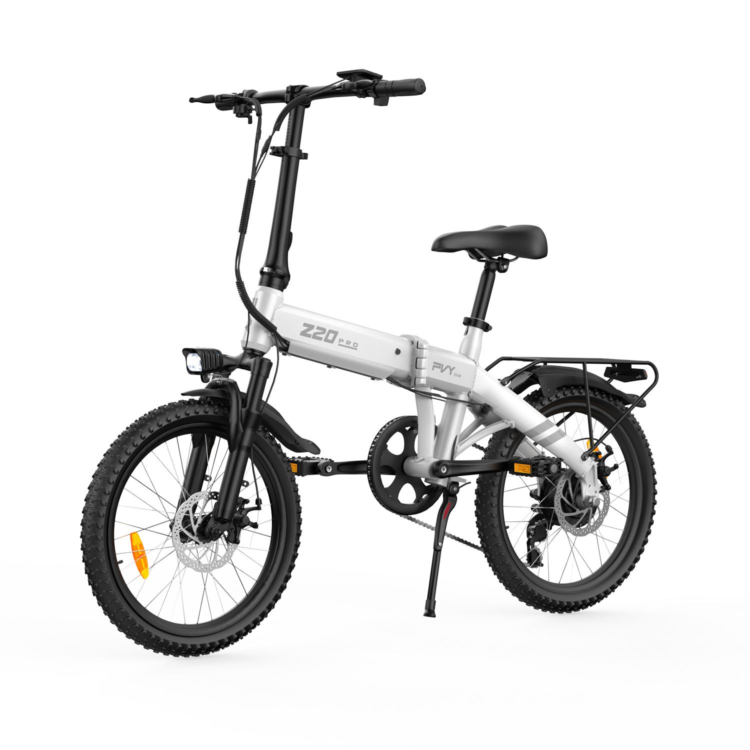 E-bike pieghevole, bianco con elementi neri. Visibile: Z20, logo PVY, portapacchi, faro, parafanghi.
