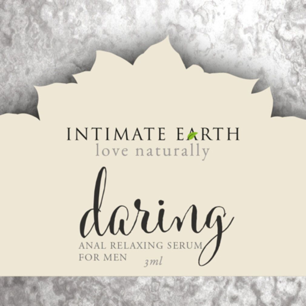 Etichetta del prodotto Intimate Earth Daring, siero rilassante anale per uomini. 3ml.