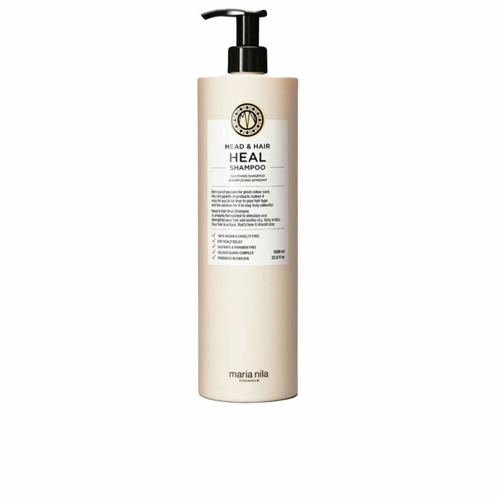 Flacone di shampoo beige con dosatore nero. Scritta: HEAD & HAIR HEAL SHAMPOO. Marchio: Maria Nila.