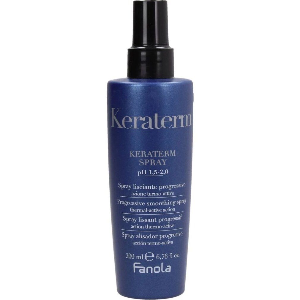 Flacone spray blu con erogatore nero. Scritta: Keraterm Spray, pH 1.5-2.0, Fanola. Contiene 200 ml.