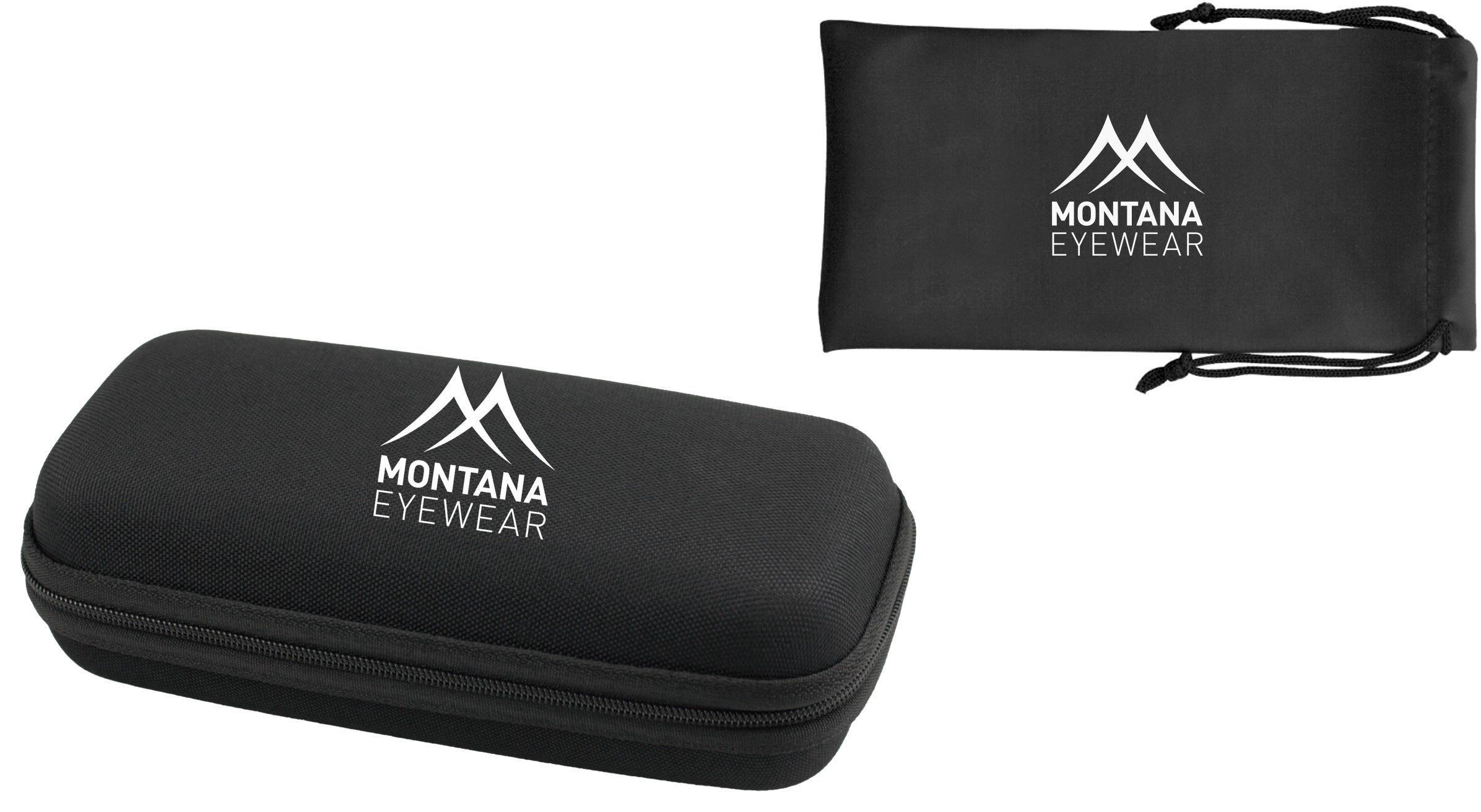 Custodia e sacchetto neri per occhiali con logo Montana Eyewear. Cerniera sulla custodia. Coulisse sul sacchetto.