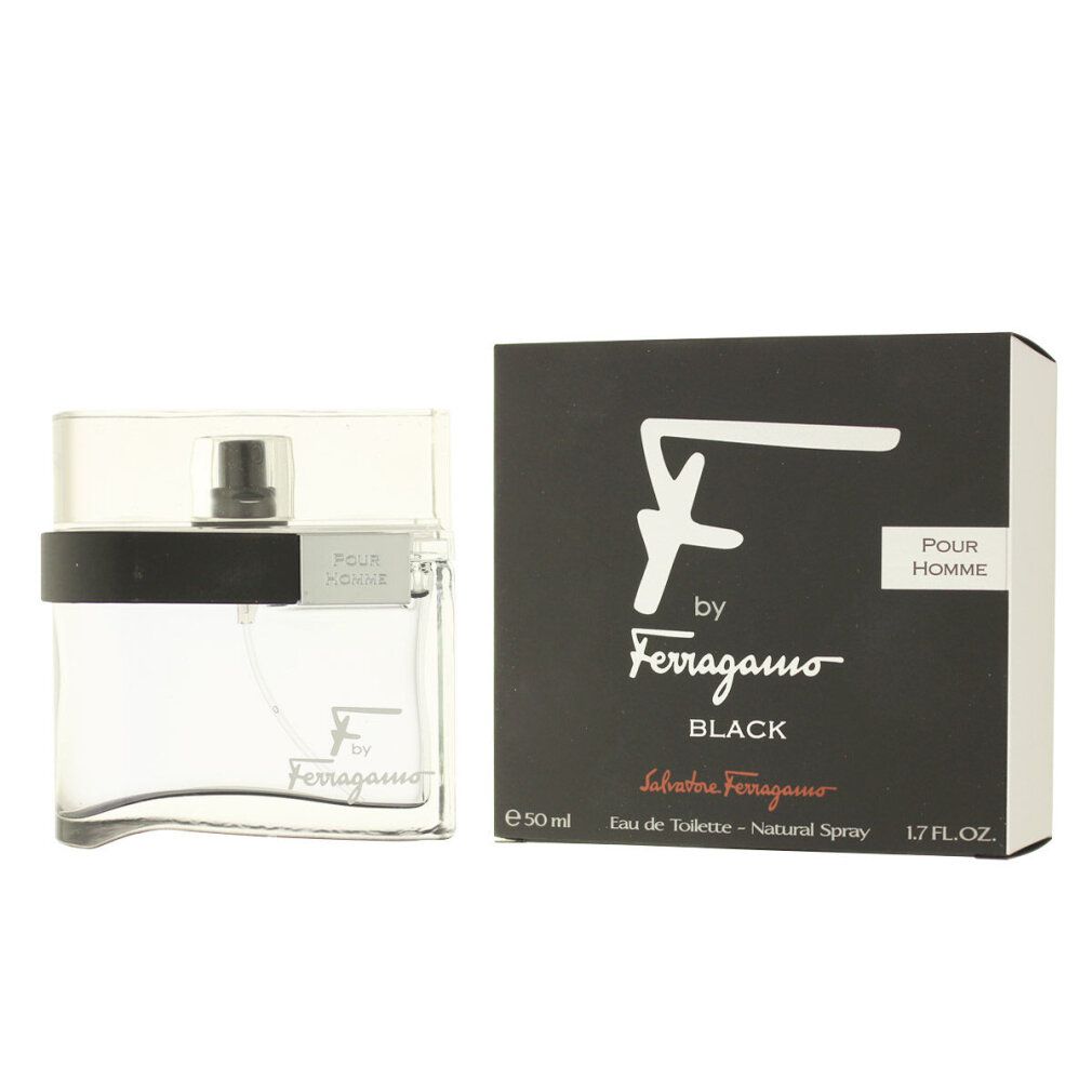 Scatola e flacone neri. Scritta: F by Ferragamo Black. Eau de Toilette. 50 ml.