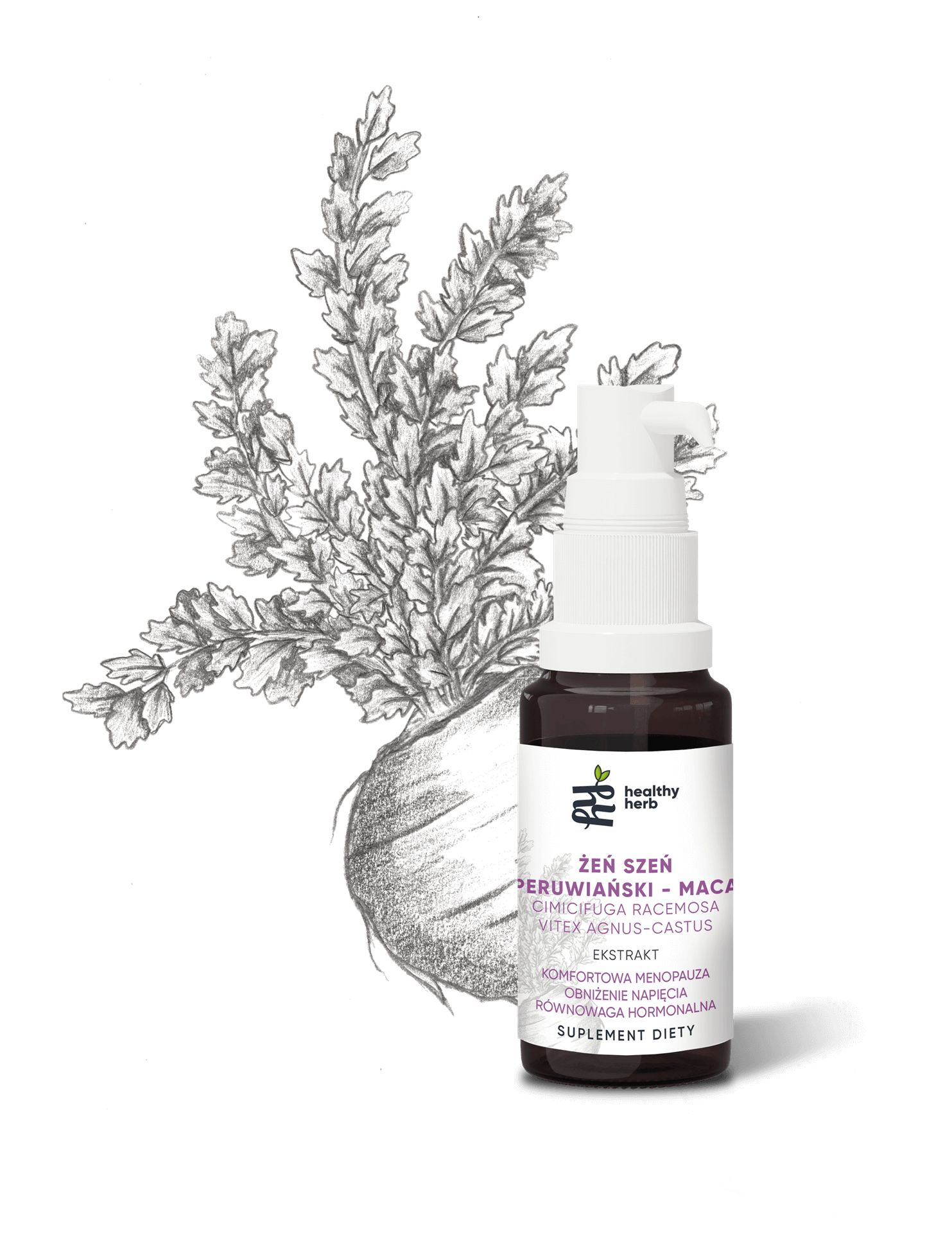 Flacone di vetro marrone con dispenser bianco. Scritta: Ginseng Maca peruviano, Healthy Herb. Integratore alimentare. Disegno di una pianta.