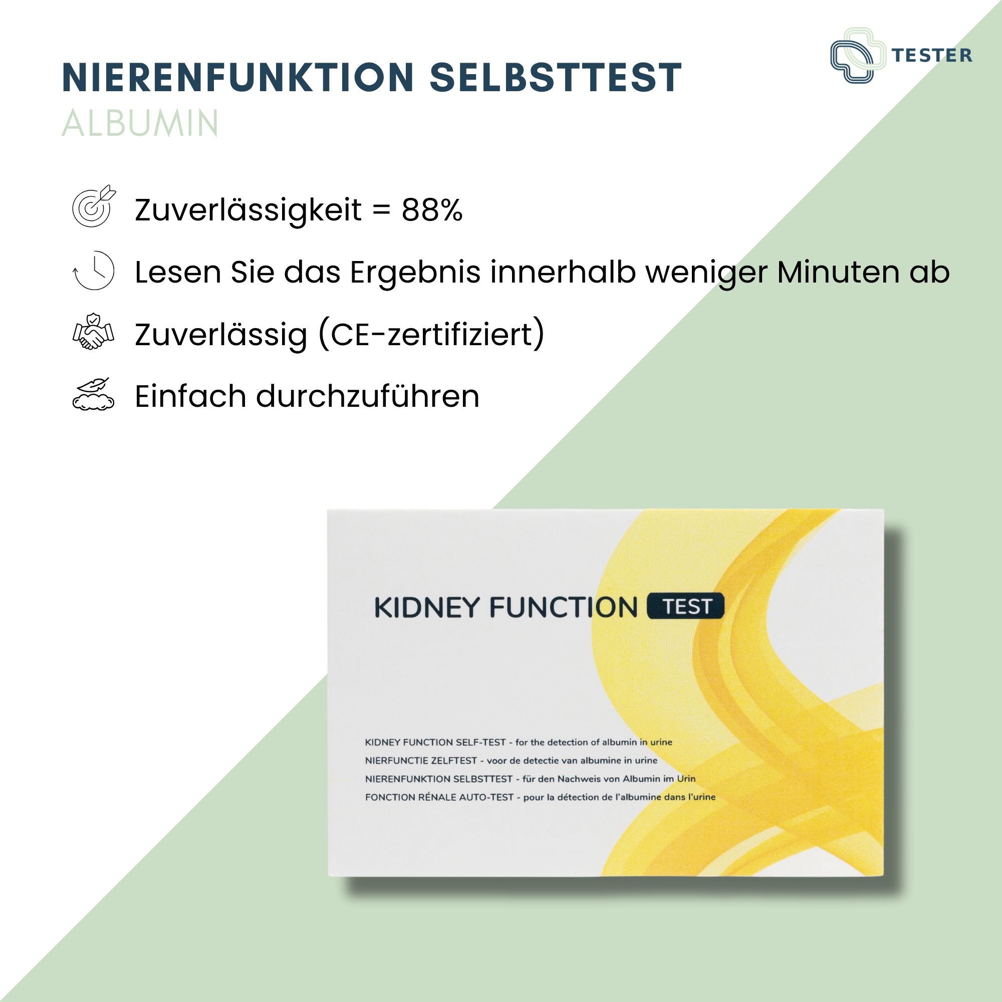 Confezione del prodotto con testo: Nierenfunktion Selbsttest, Albumina. Diagramma con informazioni sull'affidabilità e la certificazione CE.