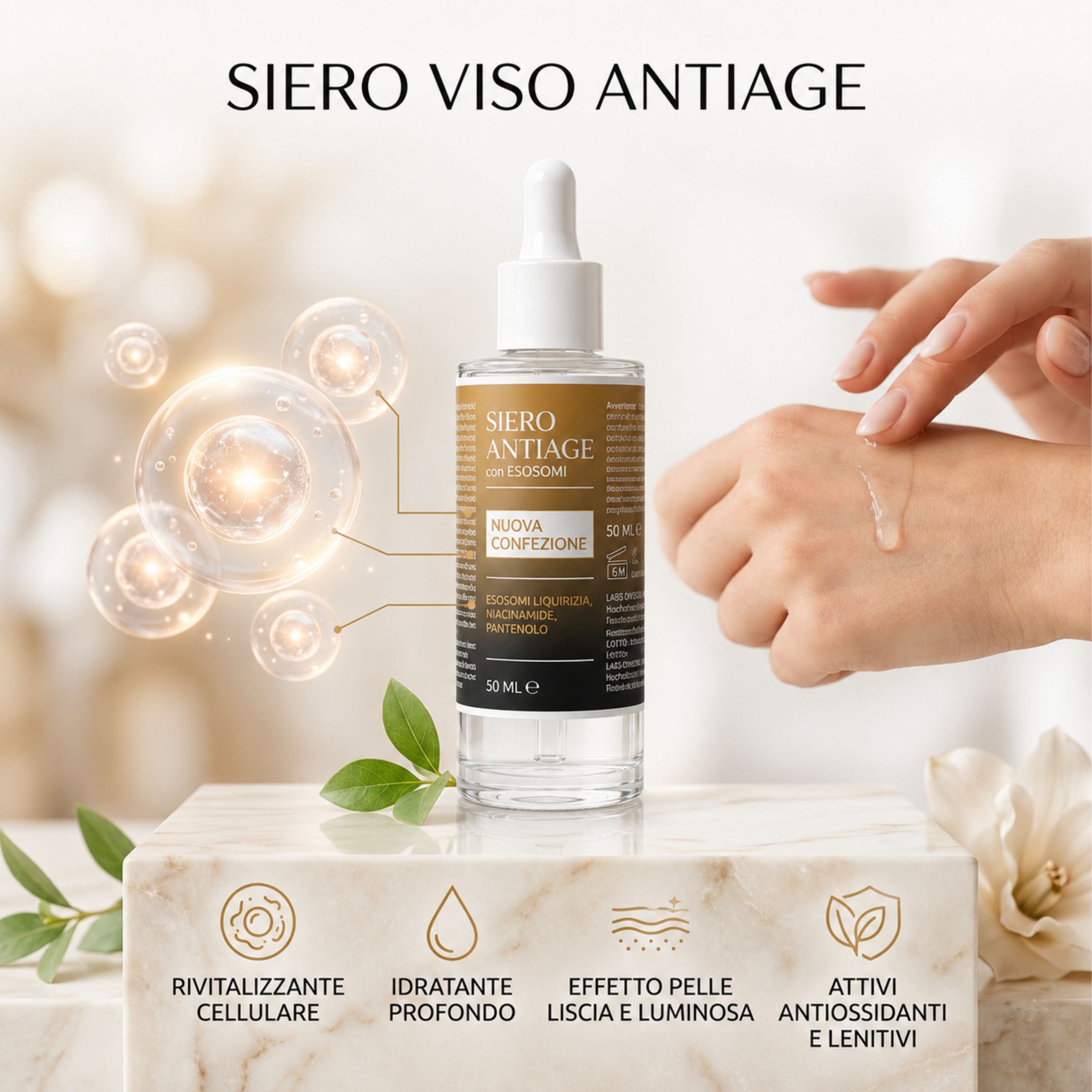 Flacone siero con contagocce. Scritta: Siero Antiage con Esosomi. Mano con siero. Illustrazioni di cellule.