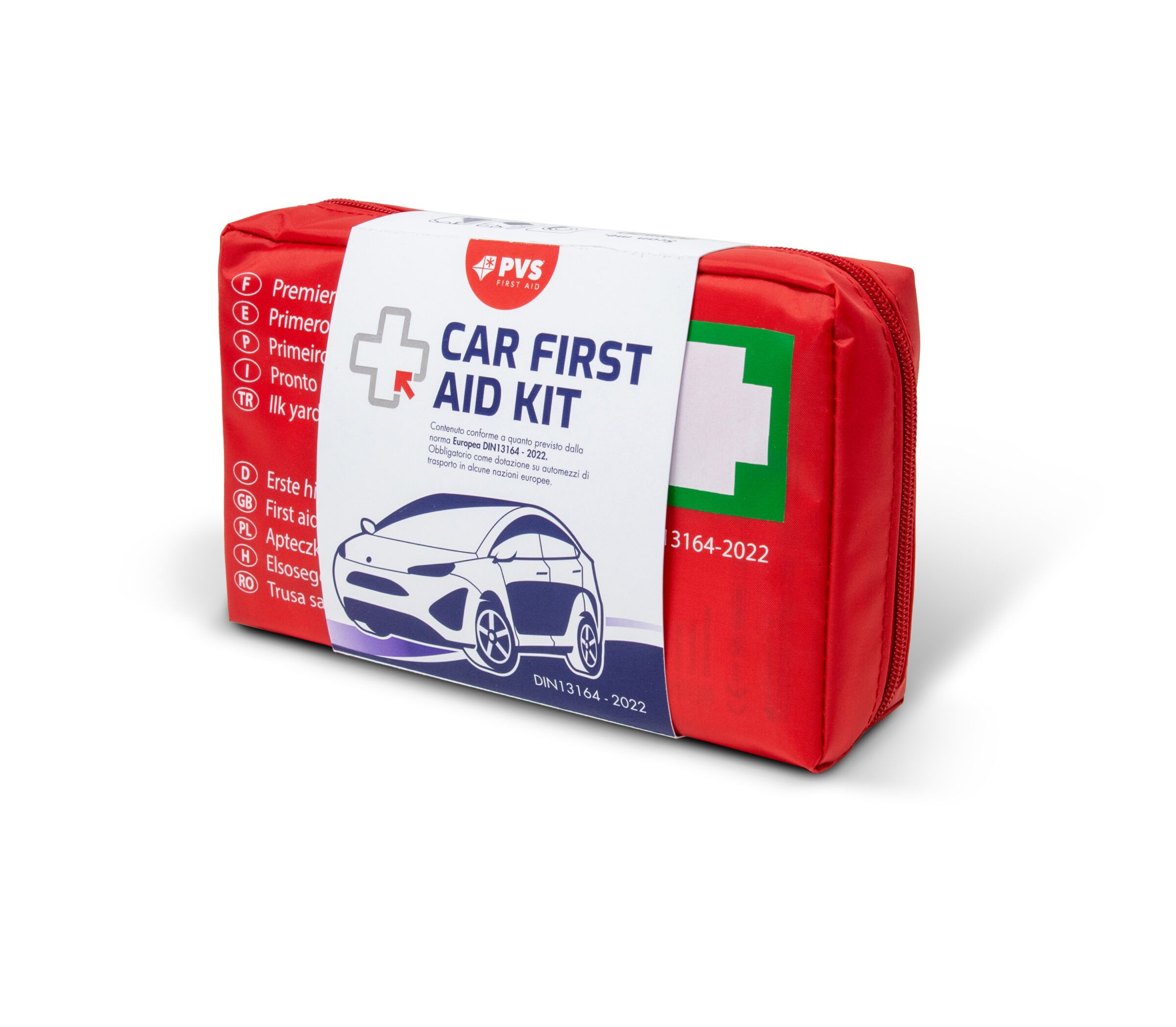 Borsetta rossa per auto con etichetta bianca. Testo: Car First Aid Kit e logo.