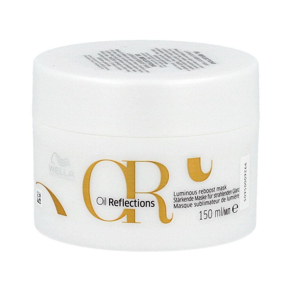 Barattolo bianco con scritta dorata "CR Oil Reflections". Testo: "Luminous reboost mask", "150 ml". Marchio: Wella.
