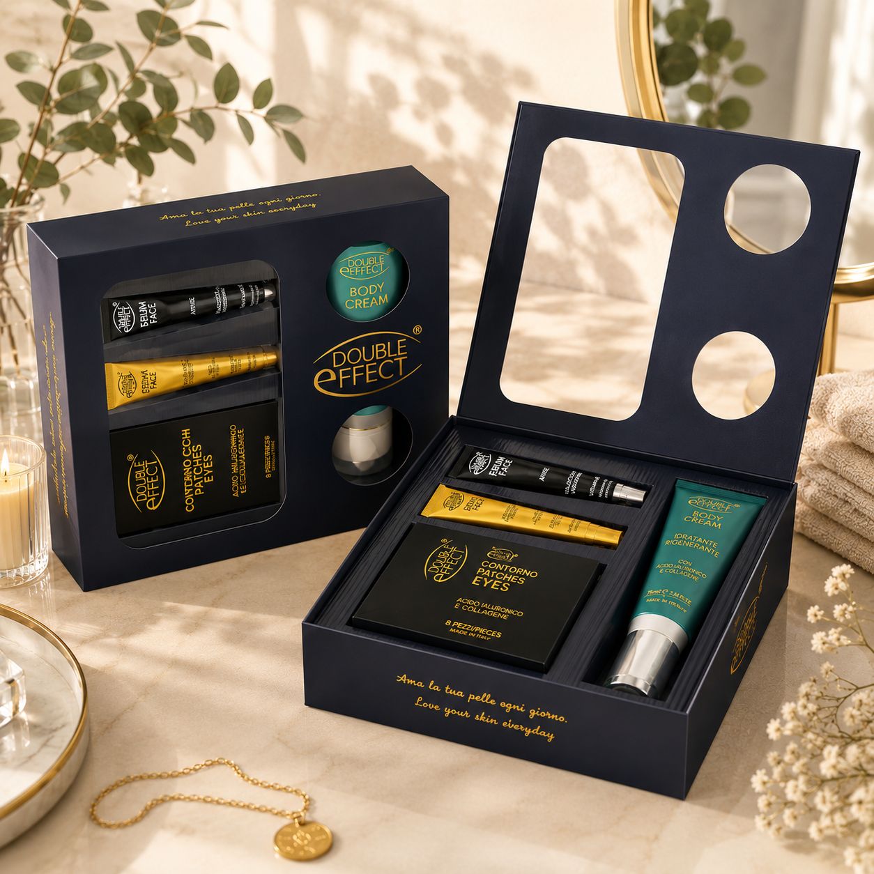 Un cofanetto regalo blu navy con prodotti cosmetici. Include un tubetto di crema viso, un tubetto dorato e una confezione nera con patch per occhi.