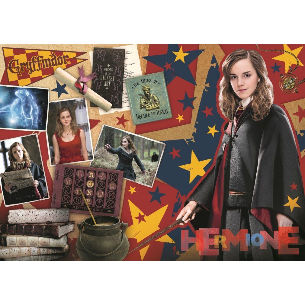 Puzzle con Hermione Granger e bacchetta. Sfondo con foto, stelle e testo. Pezzi di puzzle con testo.