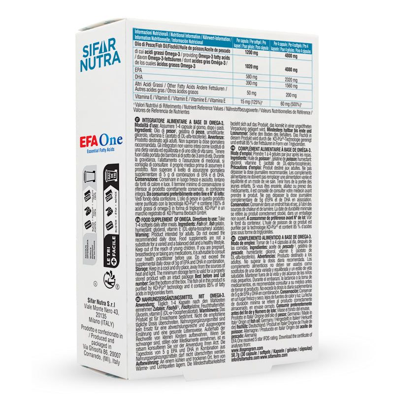 Retro della confezione Sifar Nutra EFA One. Informazioni su ingredienti, valori nutrizionali e utilizzo.