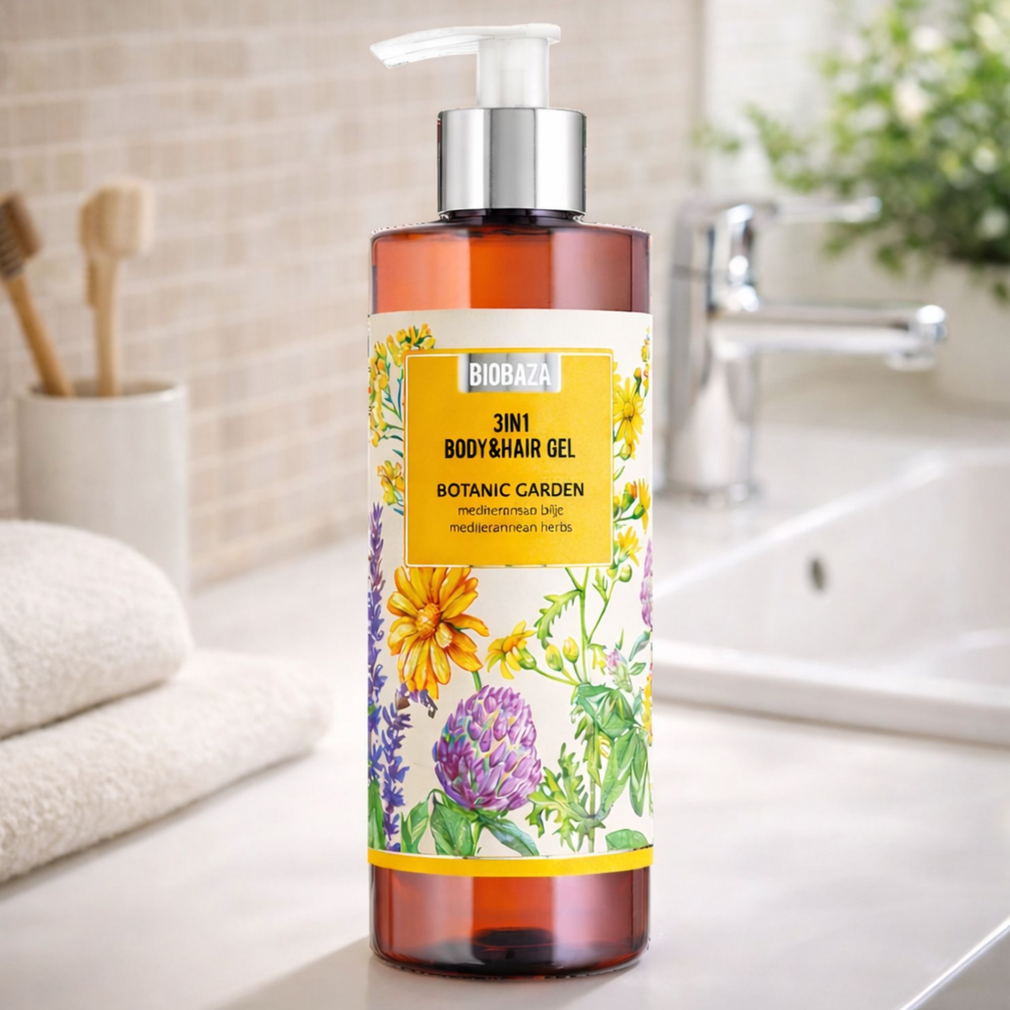 Flacone marrone con etichetta. Scritta: Biobaza 3in1 Body&Hair Gel Botanic Garden. Appoggiato su un ripiano.