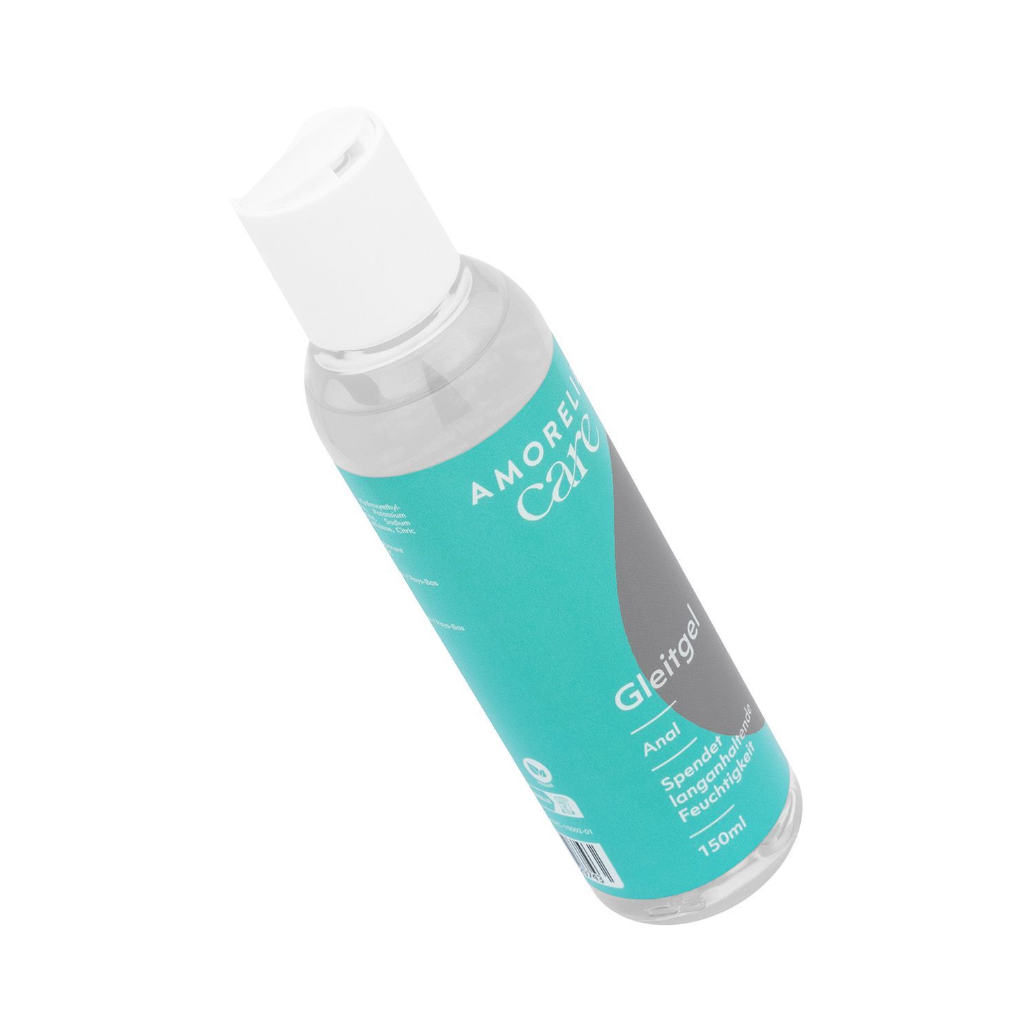 Flacone inclinato con tappo bianco. Etichetta turchese con "AMORELIE care" e "Gleitgel".