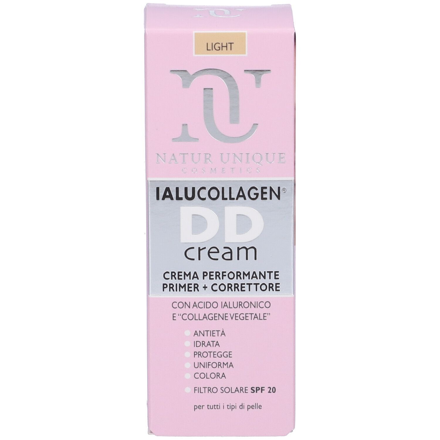 Scatola rosa con Natur Unique Cosmetics Ialucollagen DD Cream. Testo: Crema Perfomante + Primer + Correttore. Light.