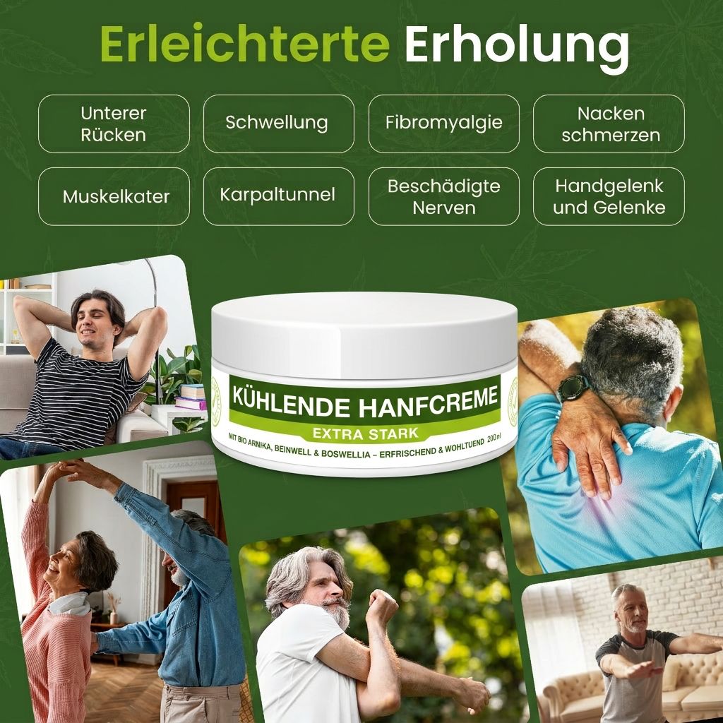 Vasetto bianco con scritta verde: KÜHLENDE HANFCREME. Extra Forte. Persone in varie pose che si rilassano e si muovono.