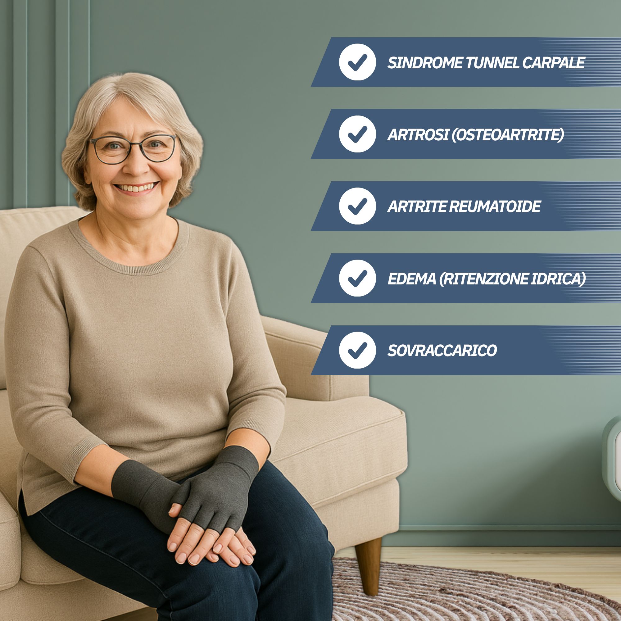 Donna con guanti a compressione per sindrome tunnel carpale, artrosi, artrite reumatoide, edemi, sovraccarico.