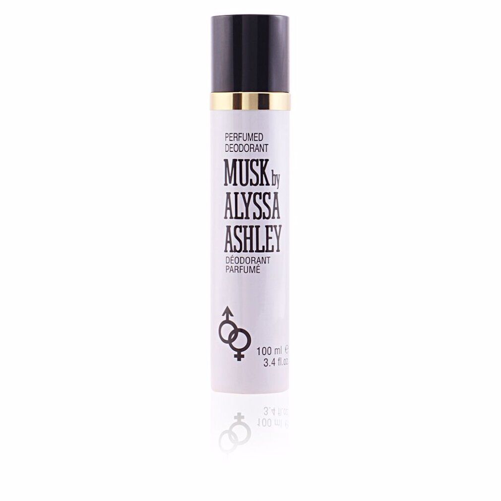 Spray deodorante bianco con tappo nero. Scritta: Musk by Alyssa Ashley. Simbolo di genere. Dettagli dorati.