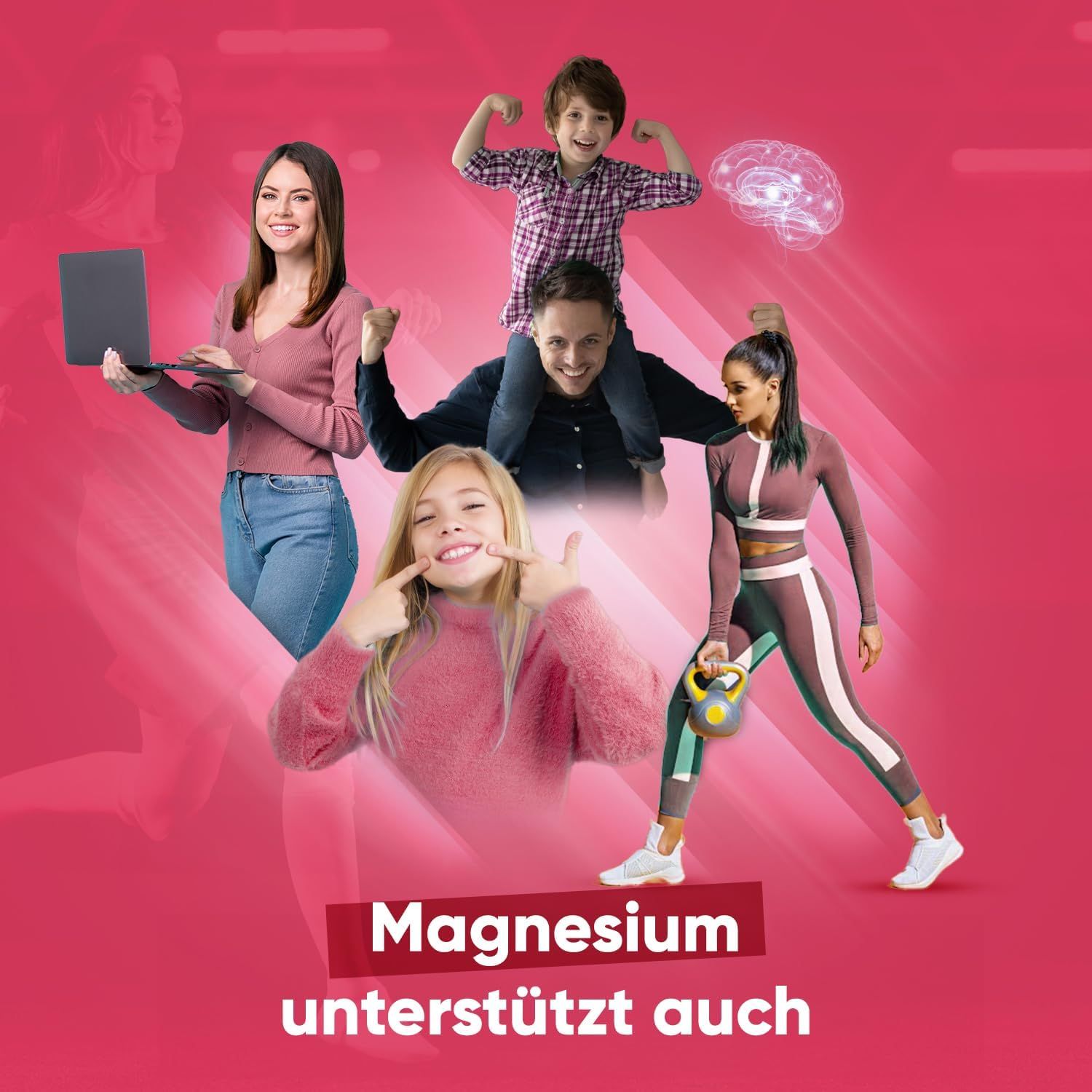 Varie persone che svolgono attività quotidiane. Testo: Anche il magnesio supporta.