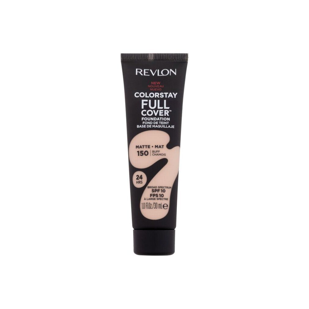 Tubo nero con nome del prodotto e tonalità 150-Buff. Contiene testo come 'Colorstay Full Cover' e 'Matte'.