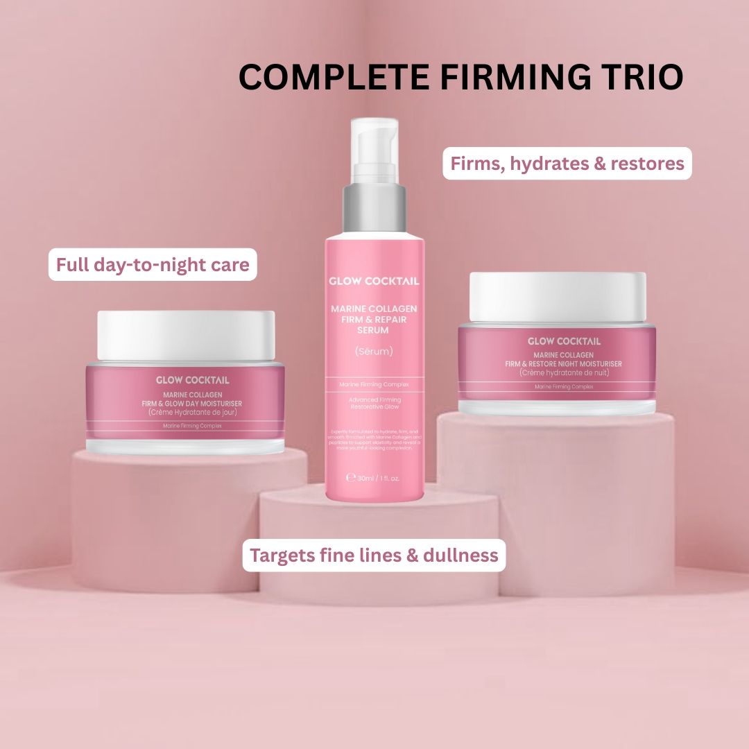 Flacone e vasetti rosa. Scritta: Glow Cocktail, Marine Collagen. Siero, crema giorno e notte. Set di cura completo.
