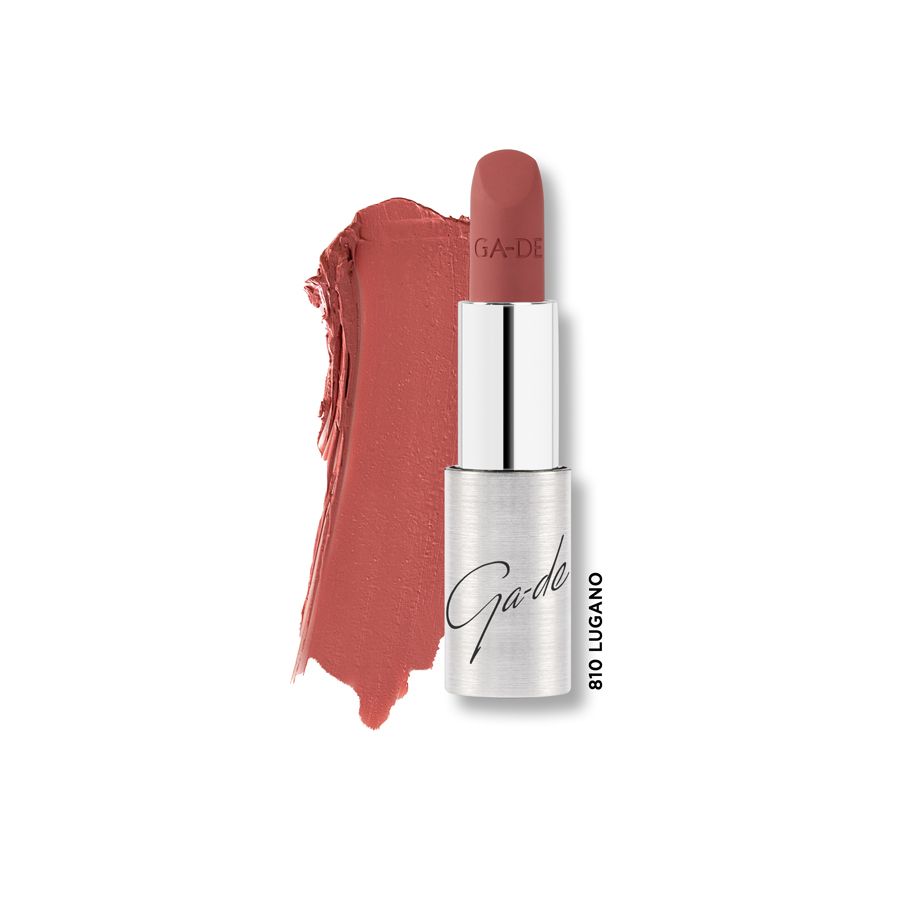 Rossetto opaco Ga-De Selfie, colore 810 Lugano. Astuccio argentato con rossetto opaco rosato e campione di colore.