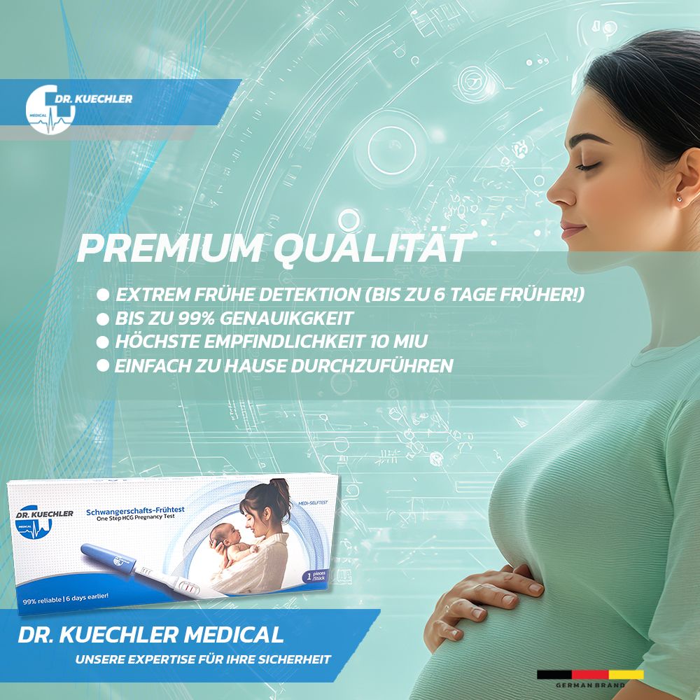 Donna incinta, confezione di test in primo piano. "Qualità premium", "Rilevamento estremamente precoce".