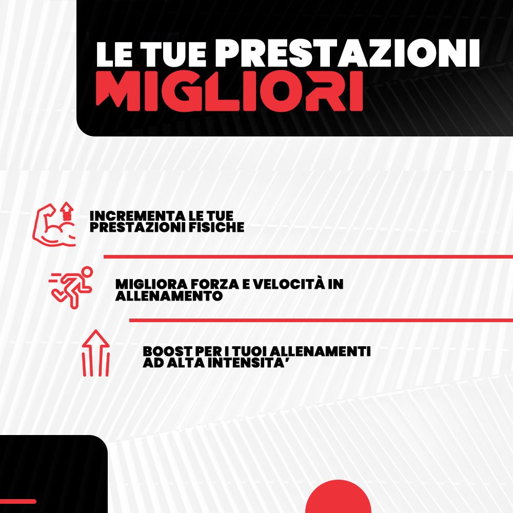 Grafica testuale: Le tue prestazioni migliori. Aumenta le prestazioni fisiche. Migliora forza e velocità in allenamento. Boost per l'allenamento.