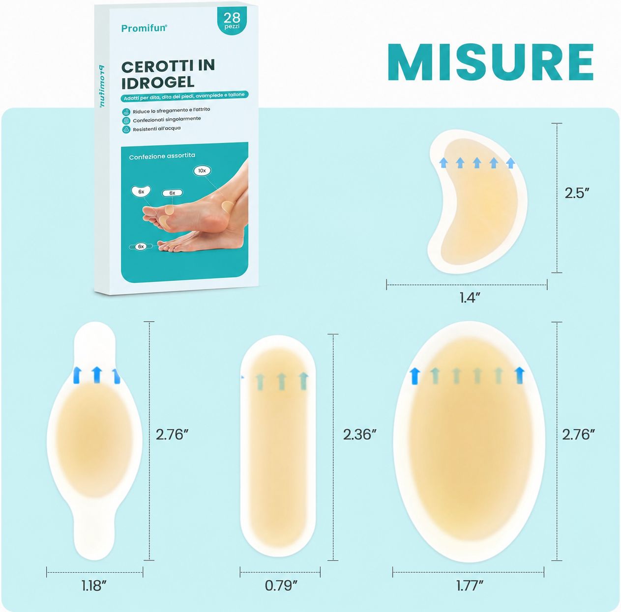 Mixpack di cerotti per vesciche. Varie forme e dimensioni. Dimensioni: 2,5", 2,76", 2,36", 1,4", 1,77", 1,18", 0,79".
