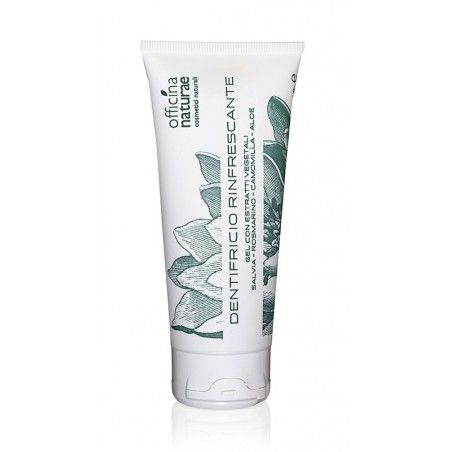 Tubo di dentifricio bianco e verde. Scritta: Officina Naturae, Dentifricio Rinfrescante. Con estratti vegetali.