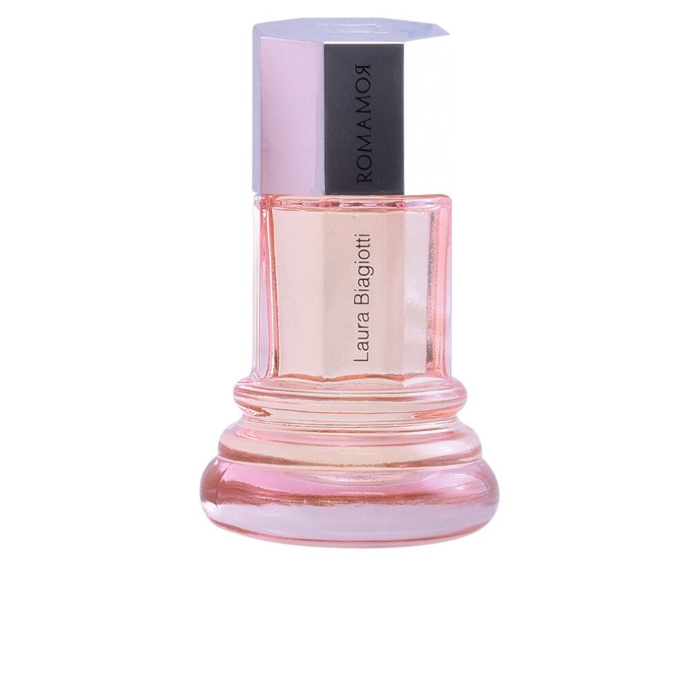 Flacone rosa. Scritta: Laura Biagiotti. Tappo argentato con scritta Romamor. Flacone a forma di colonna.