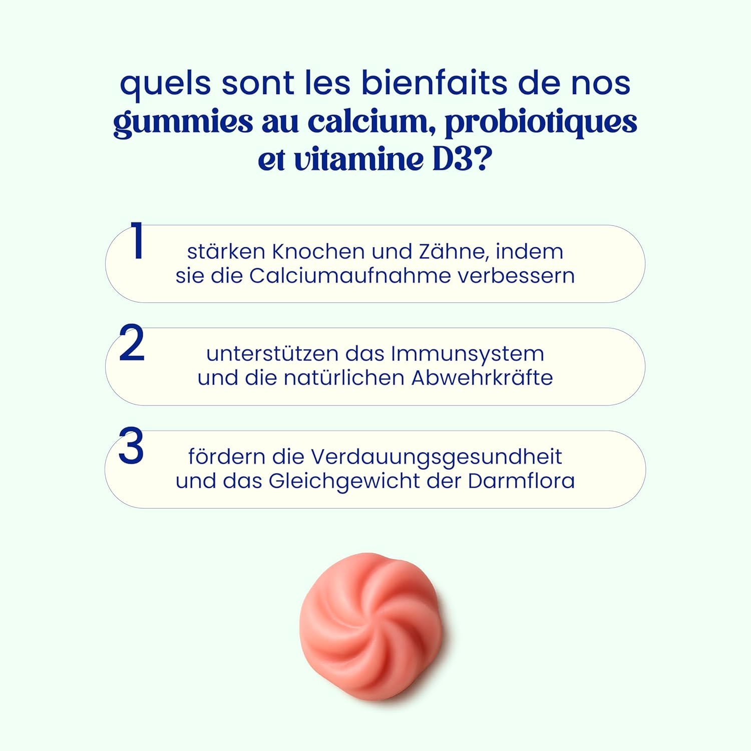 Caramelle gommose rosa. Testo: Quali sono i benefici delle nostre caramelle gommose con calcio, probiotici e vitamina D3? 3 vantaggi.
