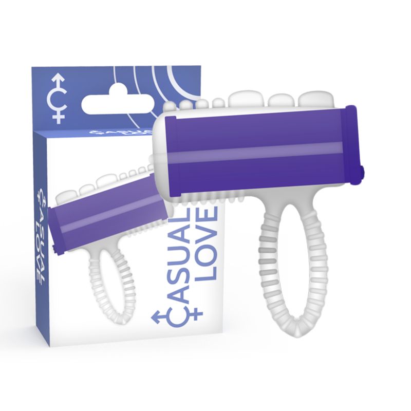 Vibratore viola e bianco con anello, accanto alla sua confezione.