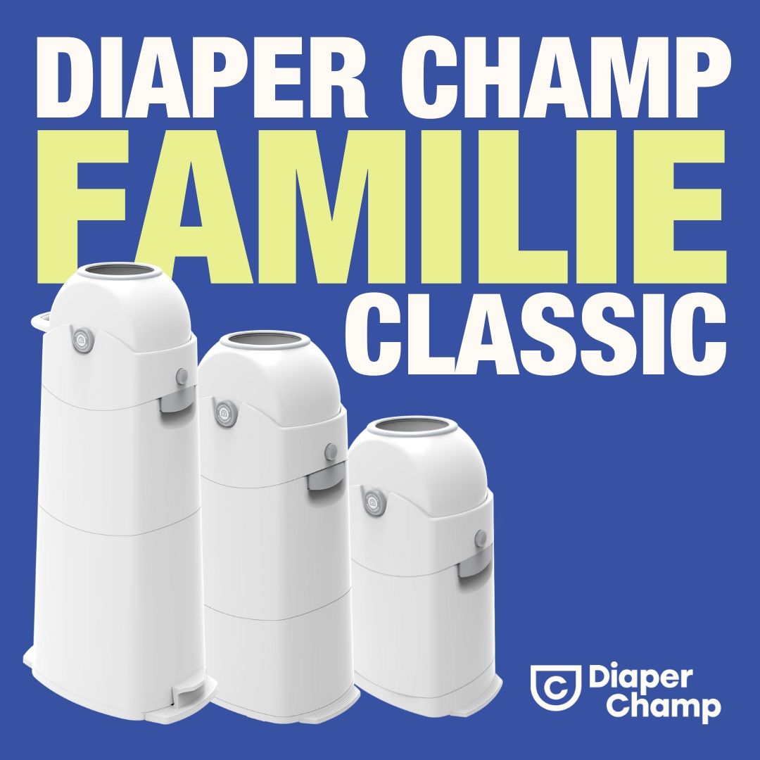 Tre bidoni per pannolini bianchi. Testo: DIAPER CHAMP FAMILIE CLASSIC. Logo: Diaper Champ.
