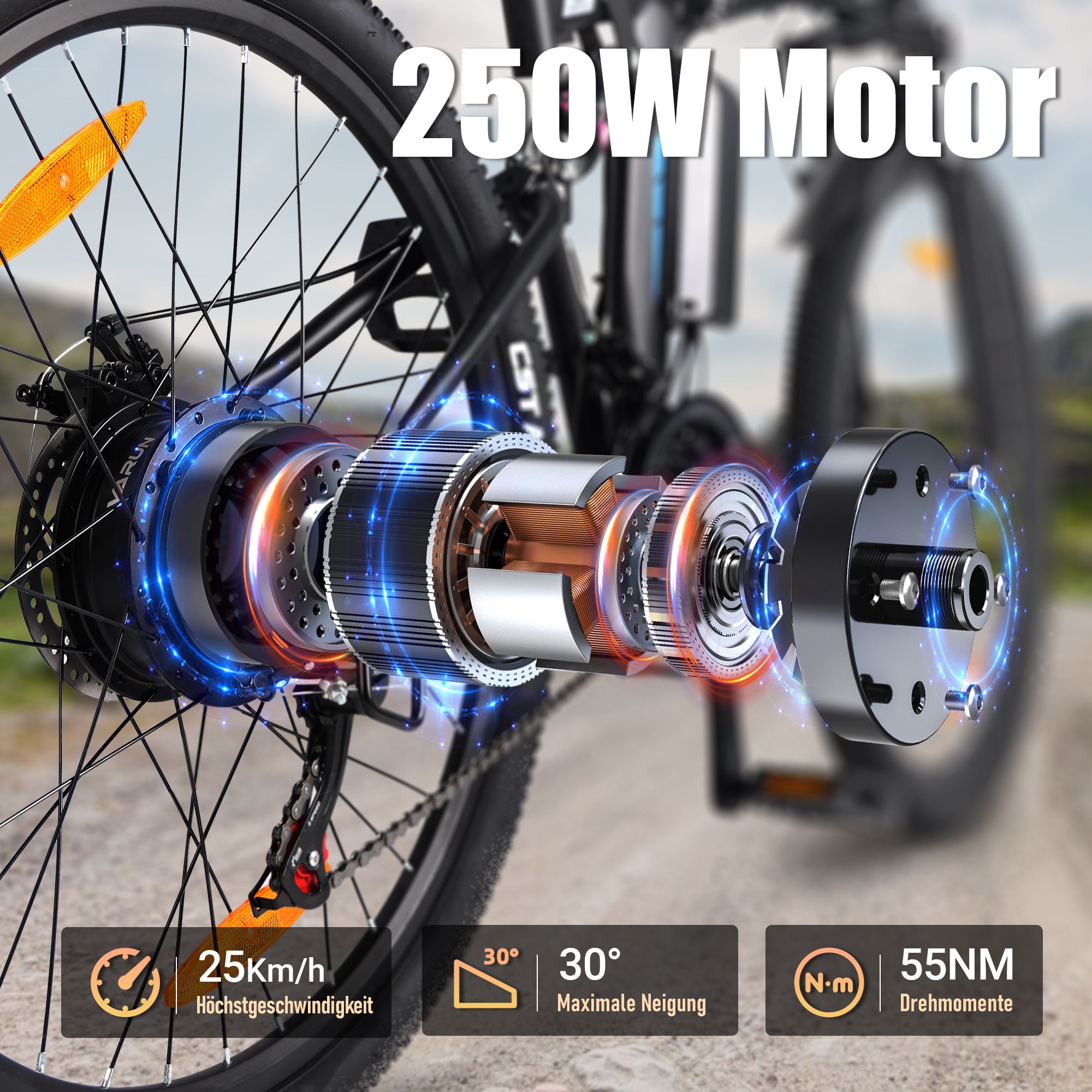 Motore e-bike 250W. Velocità 25km/h. Coppia 55NM. Inclinazione massima 30 gradi. Dettagli ruota posteriore.