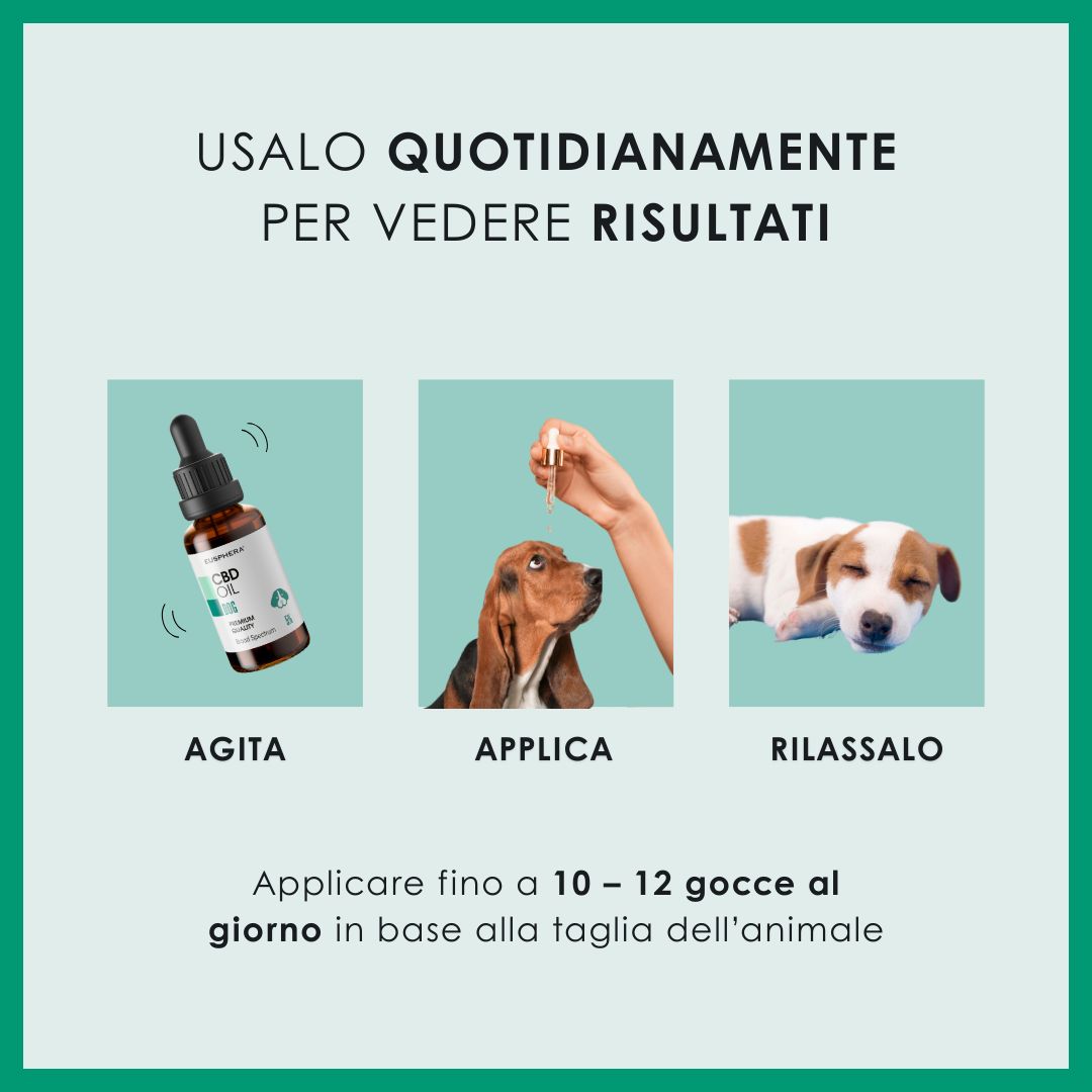 Confronto prima-dopo. Flacone EU4DOG, poi flacone CBD Oil DOG. Testo: Nuovo look, stessa essenza.