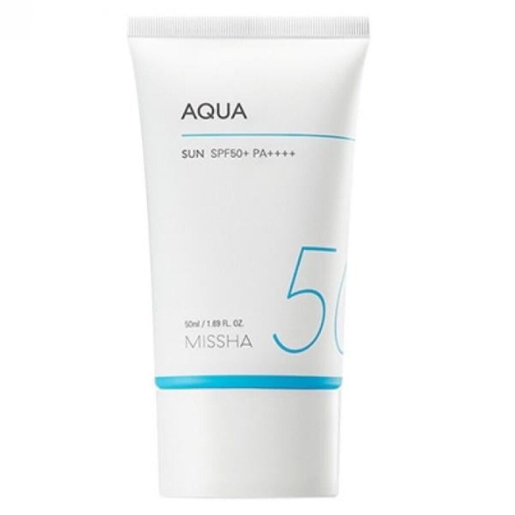 Tubo bianco con scritta blu: AQUA SUN SPF50+ PA++++. MISSHA. 50ml.