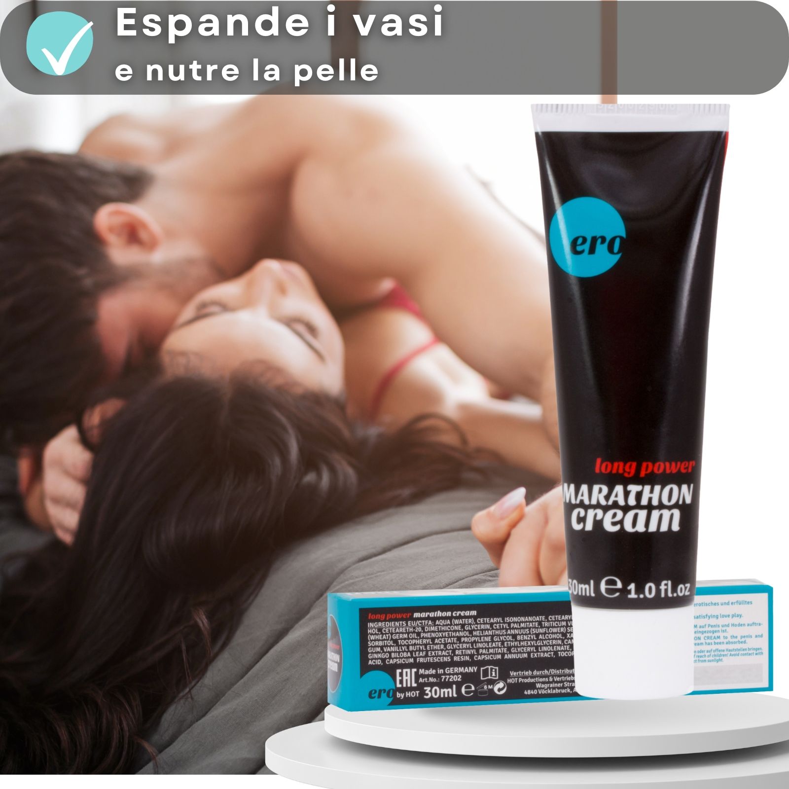 Prodotto e testo. Scritto: Crema maratona, espande i vasi, ecc. Coppia a letto.