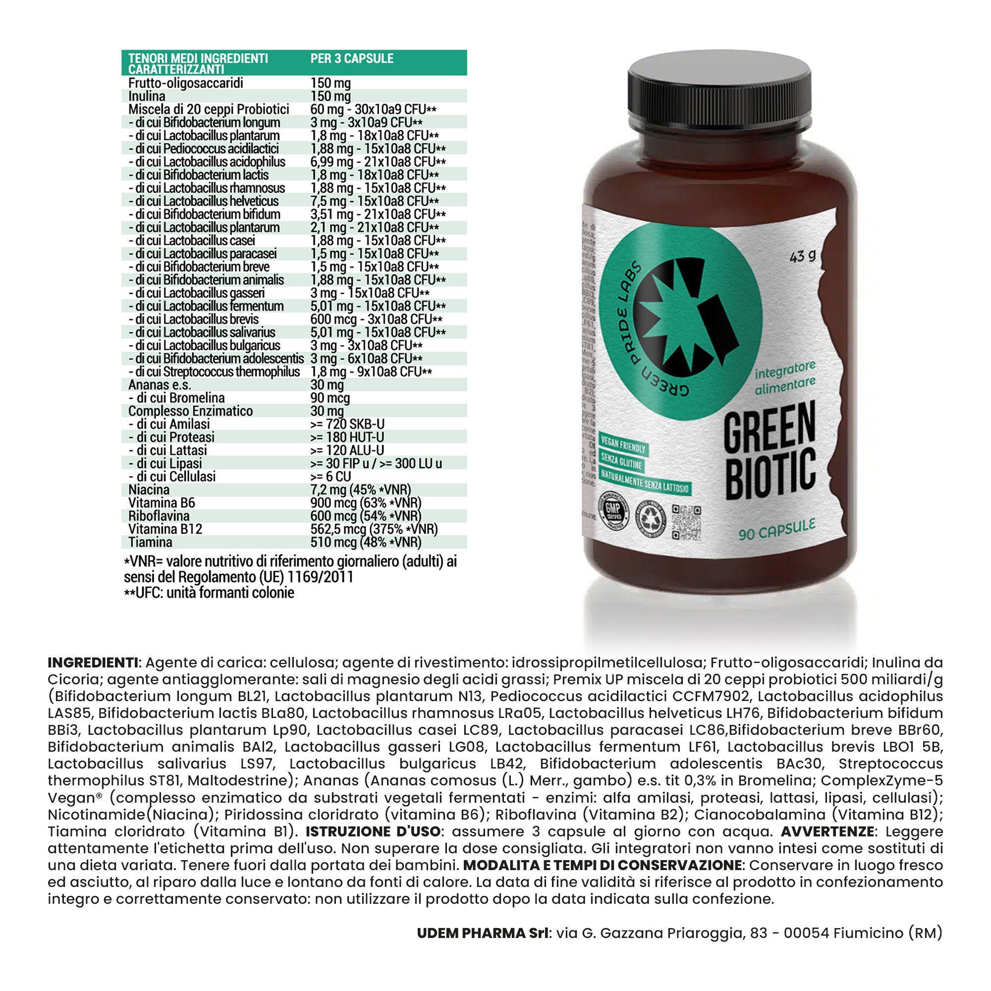 Green Biotic – Integratore Probiotico con 20 Ceppi, Prebiotici, Enzimi Digestivi e Vitami