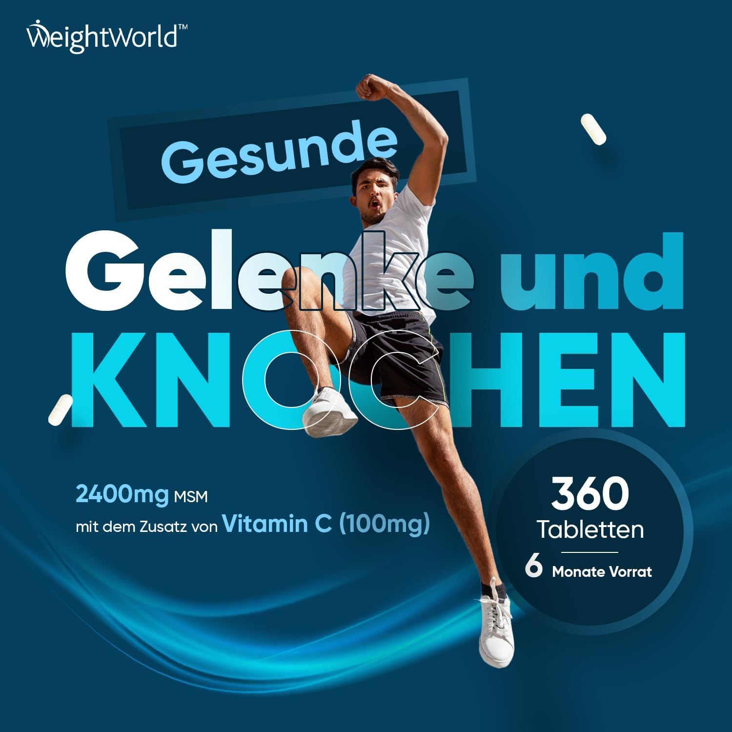 Uomo che salta. Testo: Articolazioni e ossa sane. 360 compresse, 6 mesi di scorta. 2400mg MSM.