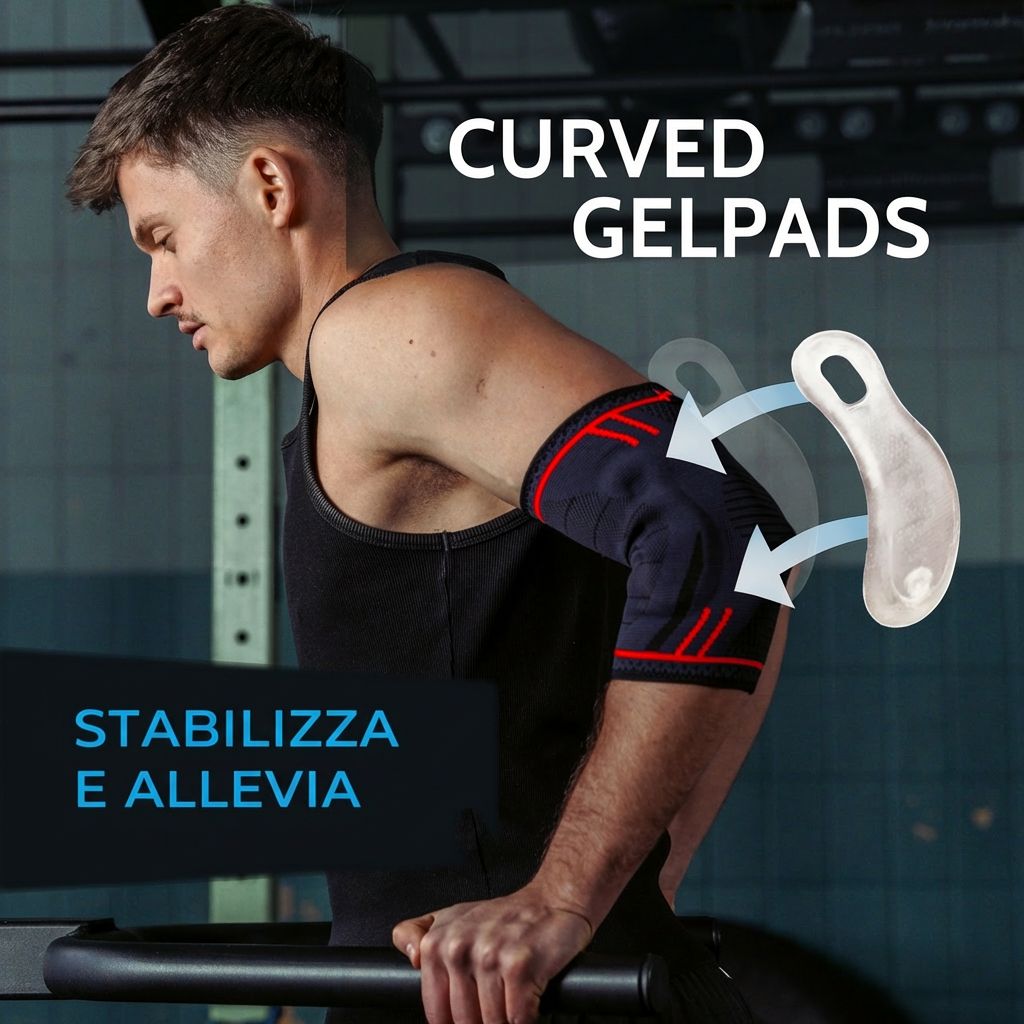 Uomo che fa flessioni. Indossa un tutore per il gomito. In palestra.