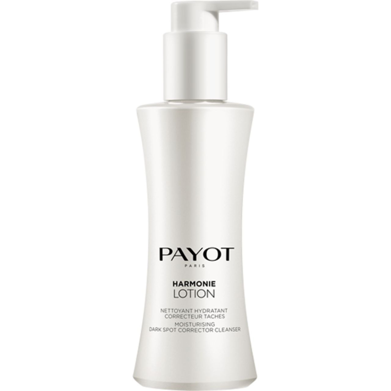 Flacone bianco con dosatore a pompa. Scritta: Payot, Harmonie Lotion. Testo: Nettoyant hydratant, correcteur de taches.