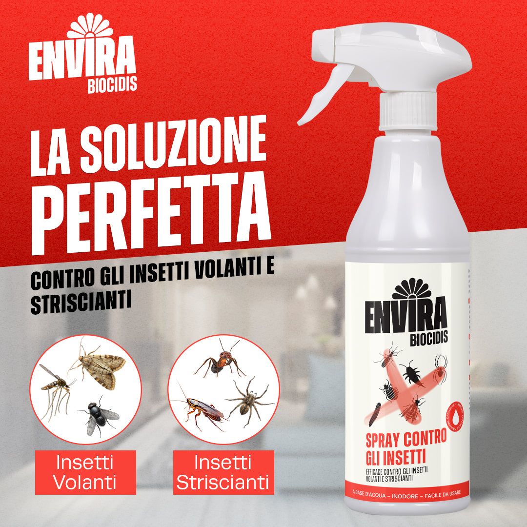 Flacone spray con etichetta 'ENVIRA BIOCIDIS' e immagini di insetti volanti e striscianti.
