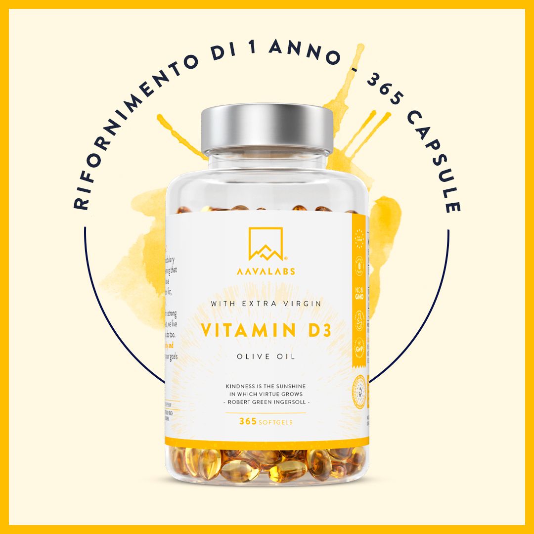 Flacone di capsule di vitamina D3. Scritta: Aavalabs, vitamina D3, 365 capsule. Sfondo giallo.