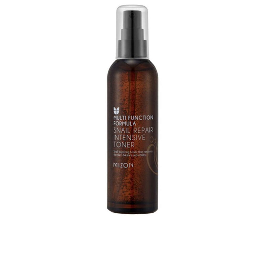Flacone marrone con vaporizzatore. Scritta: Multi Function Formula, Snail Repair Intensive Toner. Marchio: MIZON.
