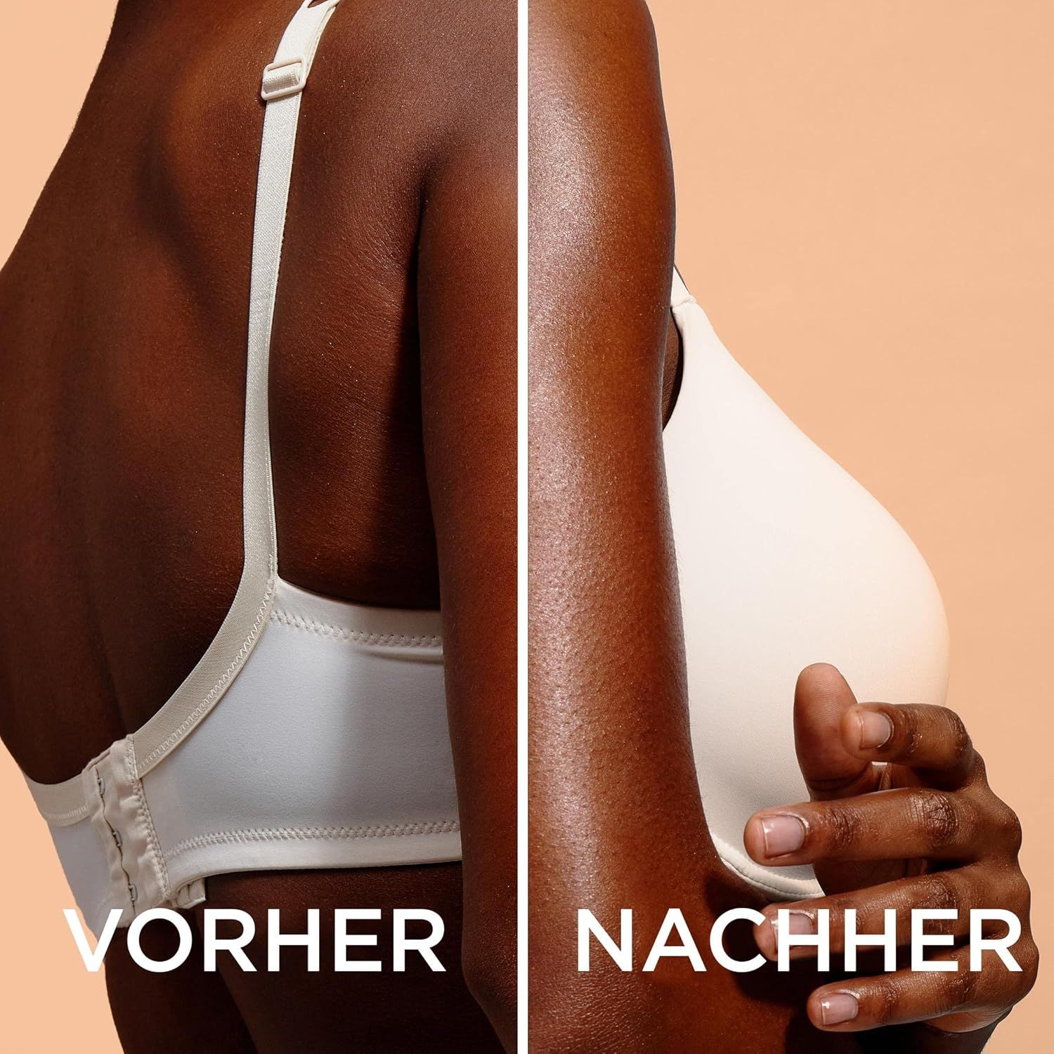 Confronto prima-dopo. Persona con reggiseno bianco. Testo: Prima, Dopo.