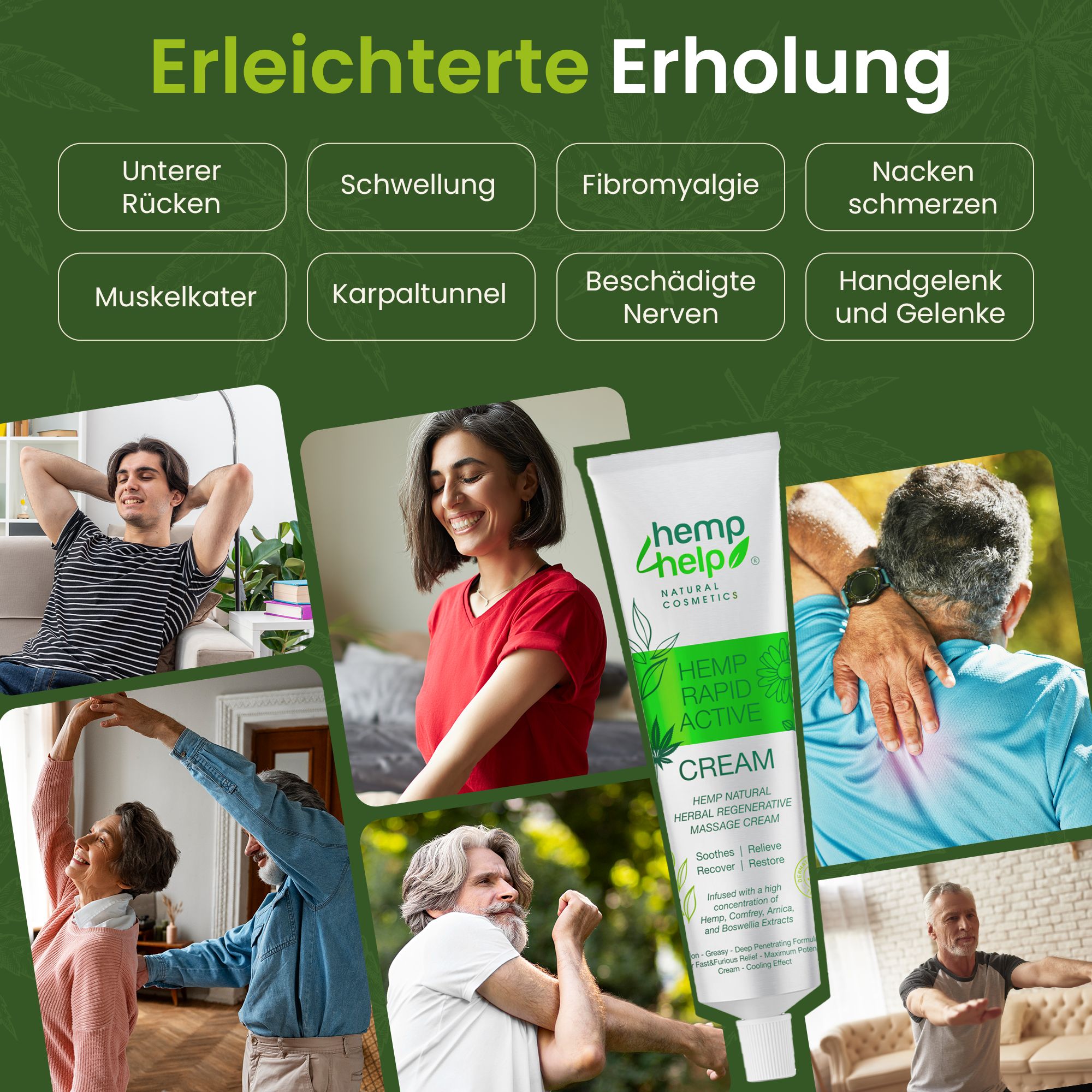 Tubo di crema Hemp+Help Rapid Active con immagini di persone che si rilassano e si allungano.