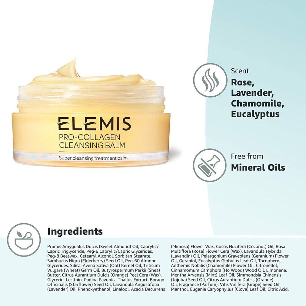Vasetto aperto con crema giallastra. Scritta: Elemis Pro-Collagen Cleansing Balm. Simboli e testo aggiuntivi.