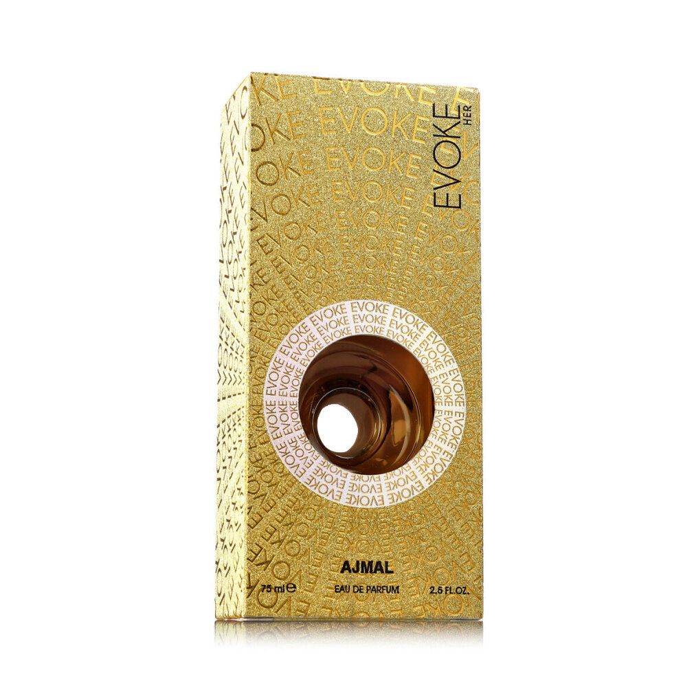 Confezione dorata con scritta EVOKE HER. Foro visibile al centro. Scritta: AJMAL, Eau de Parfum, 75ml, 2.5 fl.oz.