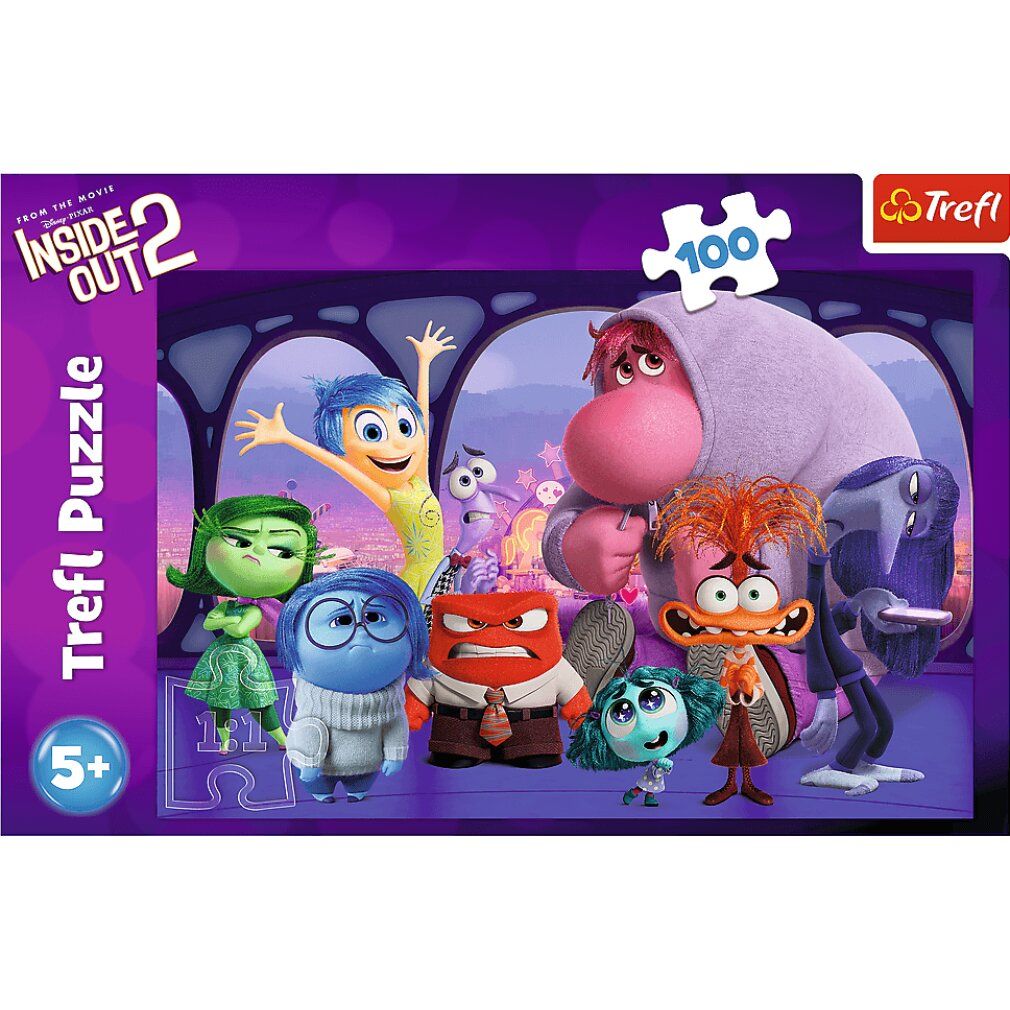 Puzzle Trefl "Inside Out 2", 100 pezzi. Confezione con personaggi del film. Logo e raccomandazione d'età.